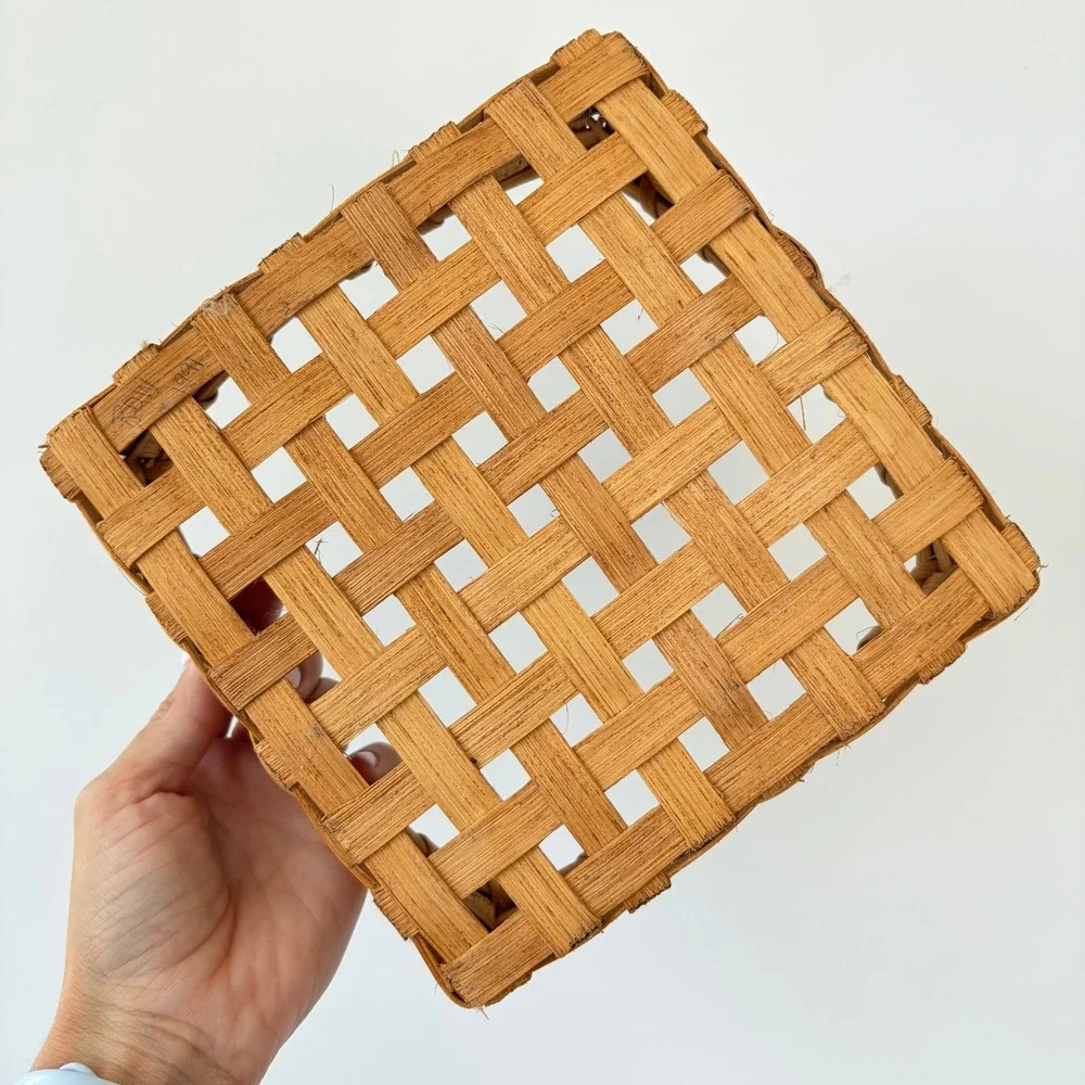 Handwoven Square Splint Basket Two Tone Brown Storage Tray 7.5in